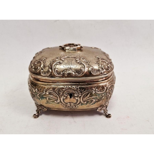 407 - 19th century continental silver-coloured bombe shaped tea caddy, indistinctly hallmarked to gilt int... 