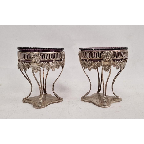 408 - Pair of continental silver-coloured footed pedestal dishes and glass liners, each engraved amethyst ... 