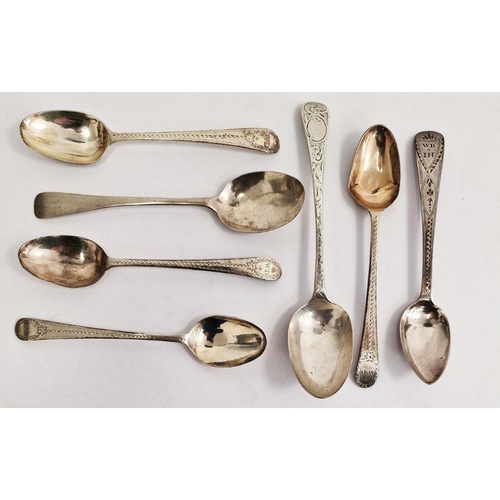 418 - Collection of seven silver spoons, late 18th/early 19th century, five variously engraved with initia... 