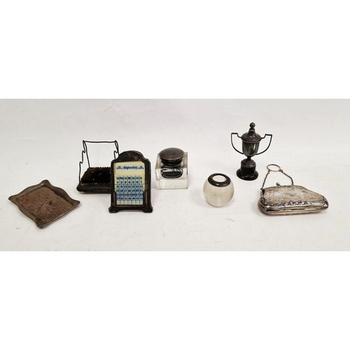 420 - Victorian silver-plated purse, a silver-topped glass inkwell, a match striker, a tray and other item... 