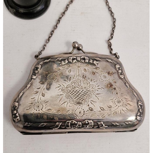 420 - Victorian silver-plated purse, a silver-topped glass inkwell, a match striker, a tray and other item... 