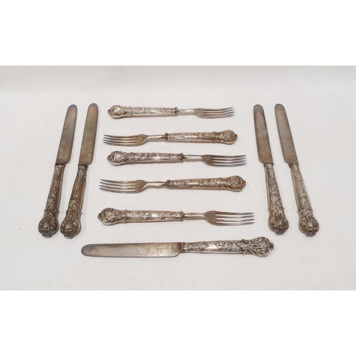 421 - Set of five silver-handled fruit knives and forks with embossed berry on vine decoration to the hand... 