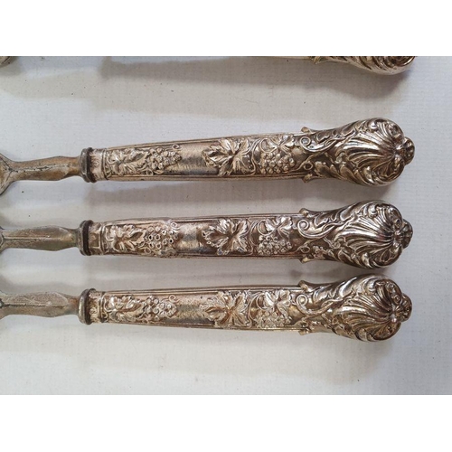 421 - Set of five silver-handled fruit knives and forks with embossed berry on vine decoration to the hand... 