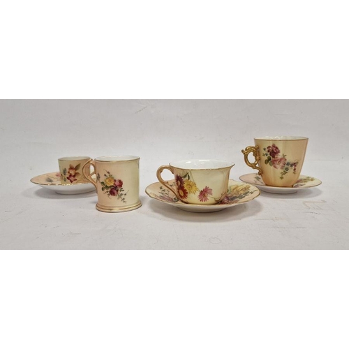 43 - Royal Worcester porcelain cabinet cup and saucer, the blush ground floral spray painted, three other... 