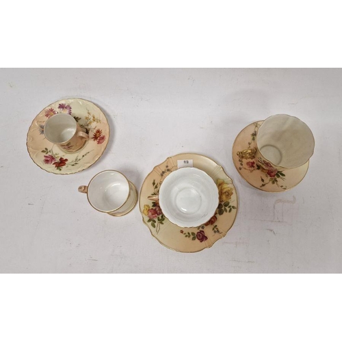 43 - Royal Worcester porcelain cabinet cup and saucer, the blush ground floral spray painted, three other... 