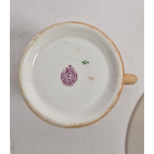 43 - Royal Worcester porcelain cabinet cup and saucer, the blush ground floral spray painted, three other... 