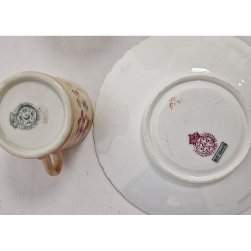 43 - Royal Worcester porcelain cabinet cup and saucer, the blush ground floral spray painted, three other... 