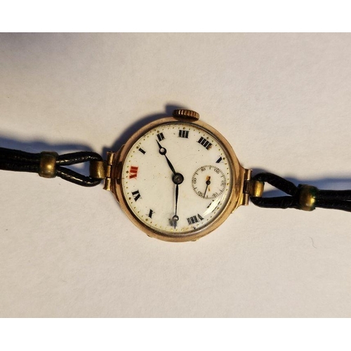 432 - Lady's 9ct gold-cased wristwatch, the enamel dial with Roman numerals and subsidiary seconds hand, S... 