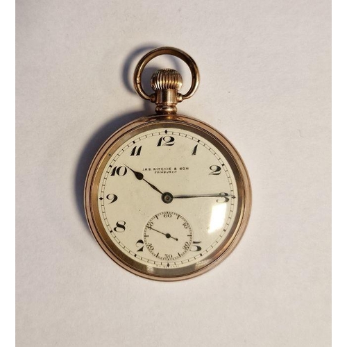 435 - Gentleman's open-faced gold-plated pocket watch, the enamel dial with Arabic numerals and subsidiary... 