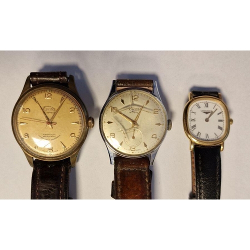 441 - Lady's gold-plated Longines wristwatch, the enamel dial with Roman numerals, with leather strap, box... 