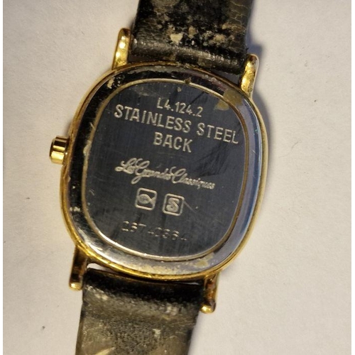 441 - Lady's gold-plated Longines wristwatch, the enamel dial with Roman numerals, with leather strap, box... 