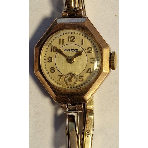 451 - 9ct gold-cased lady's Eros wristwatch with octagonal case and expanding link chain bracelet