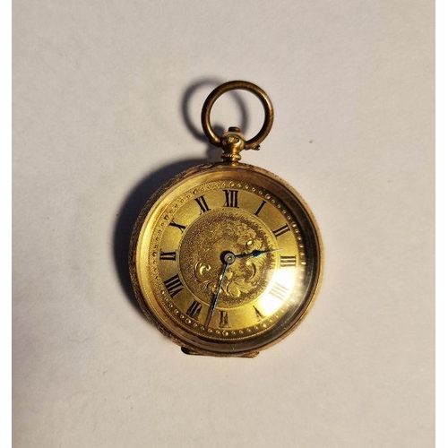 453 - 18ct gold-cased open-faced pocket watch, the gold enamel dial with foliate engraving and Arabic nume... 