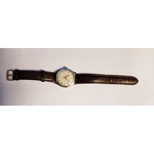 454 - Gentleman’s 1950’s Longines stainless steel wristwatch with Arabic and baton numerals, side button a... 