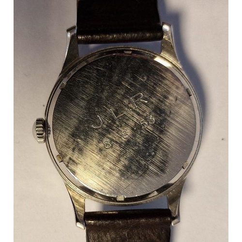 454 - Gentleman’s 1950’s Longines stainless steel wristwatch with Arabic and baton numerals, side button a... 