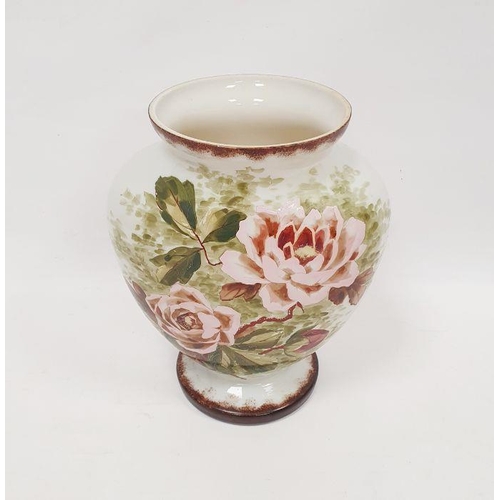 86 - Large Victorian opaline glass vase of flattened baluster form with hand painted pink rose decoration... 