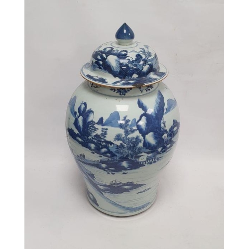 95 - 18th century Chinese porcelain baluster hall vase and cover, painted in underglaze blue with lakesid... 