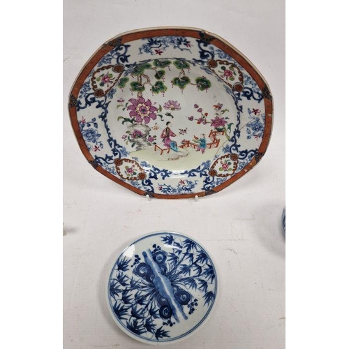 97 - 18th century Chinese porcelain octagonal dessert plate in famille rose colours, painted with figures... 