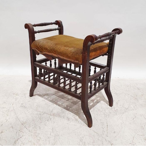 1183 - Late Victorian/early Edwardian piano stool with yellow upholstered seat, spindle turned gallery unde... 