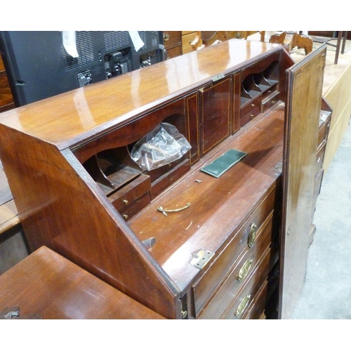 1197 - Georgian mahogany bureau with part fitted interior, two short over three long graduated drawers to o... 