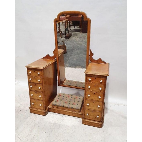 1214 - Vintage pine dressing table with long cheval mirror supported by two bases of five drawers, united t... 