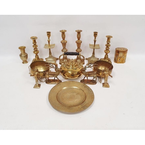 122 - Large quantity of metalware to include mainly brass, candlesticks, bowls, ornaments, posy pocket, mo... 