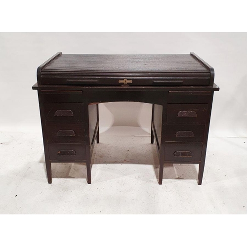 1243 - Ebonised 20th century tambour-topped desk with five assorted drawers, 88cm x 121cm x 74cm