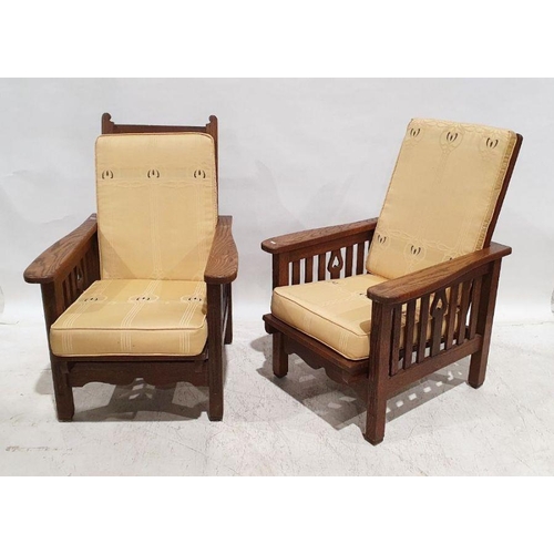 1291 - Arts & Crafts oak three-piece suite comprising twin-seat settee and pair of armchairs, the settee of... 