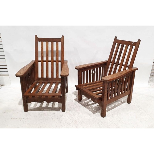 1291 - Arts & Crafts oak three-piece suite comprising twin-seat settee and pair of armchairs, the settee of... 