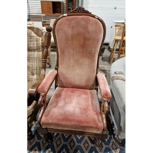 1310 - 19th century armchair with pink upholstered seat, back and arm rest, overscrolled hand rests, on tur... 