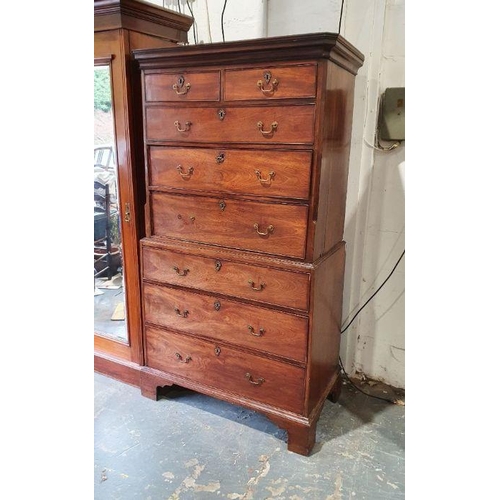 1314 - Georgian mahogany chest on chest, the moulded cornice above two short over three long drawers, cante... 