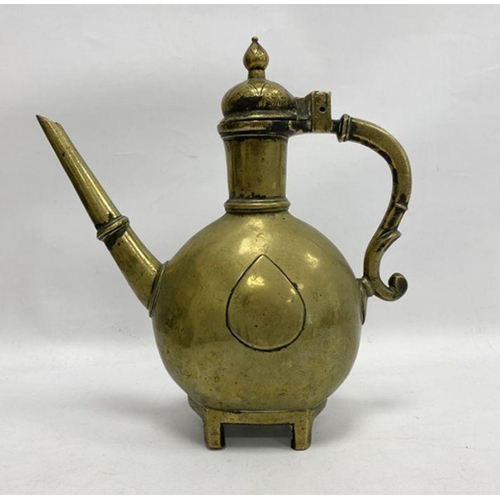 136 - Solid brass Middle Eastern coffee pot, probably late 19th/early 20th century, hinged lid, long narro... 