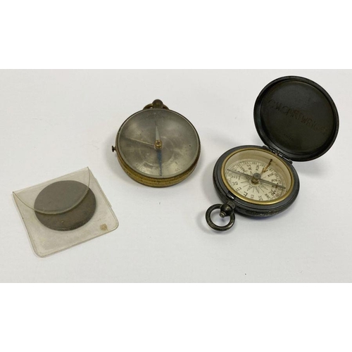 141 - Small brass compass, a silver-plated pocket compass and a Victorian penny