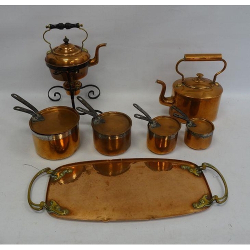 173 - Arts & Crafts-style copper tray with brass handles, a copper teapot, graduated saucepans with iron h... 