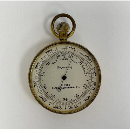 217 - Brass-cased pocket barometer by J Lizars (Edinburgh & Glasgow),  with silvered dial, 5cm diam.