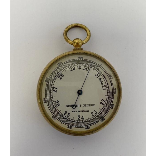 230 - Edwardian gilt-metal pocket barometer by Griffin & George, with silvered dial, 4.7cm diam.