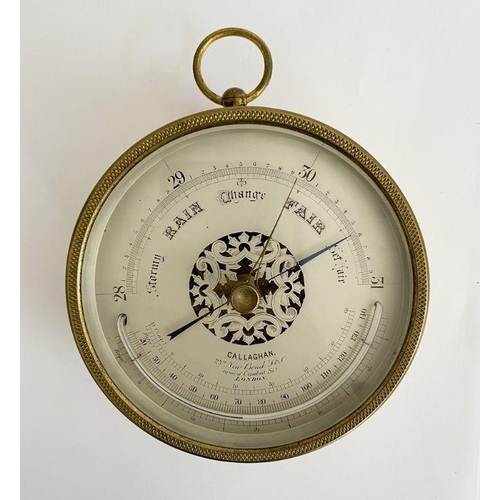 239 - Late 19th/early 20th century brass cased Callaghan (London) barometer,  with pierced silvered dial a... 