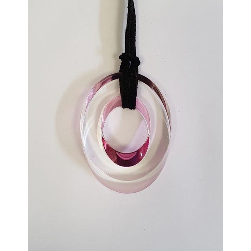 399 - Withdrawn- Baccarat-style pink glass oval loop pendant with black leather thong