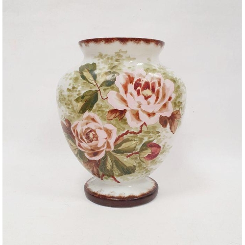 43 - Large Victorian opaline glass vase of flattened baluster form with hand painted pink rose decoration... 