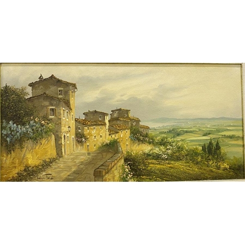 438 - Luciano Torsi (20th century)
 Oil on board
 Continental scene of village houses overlooking a rural ... 