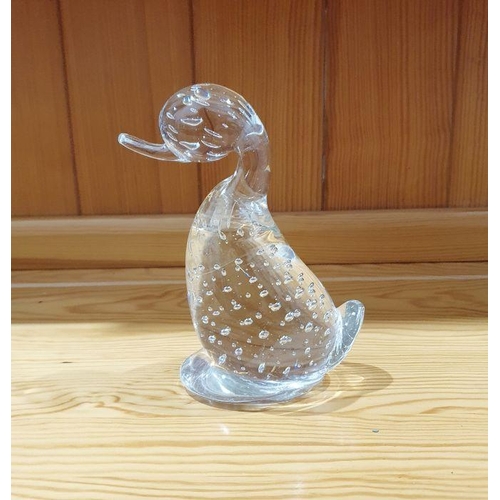 44 - Whitefriars model of dilly duck designed by Geoffrey Baxter with controlled bubbles in clear glass, ... 