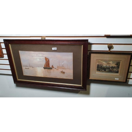 446 - G L Wadsworth(?)
 Watercolour
 Maritime scene with red masted sailing boat and rowing boats, harbour... 