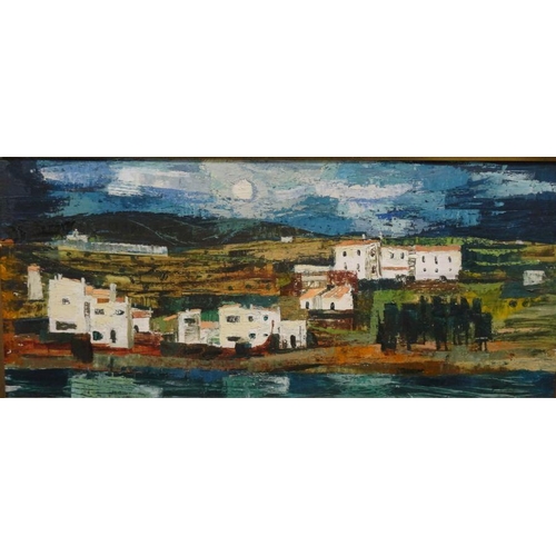 472 - Pamela Nash (b.1925)
 Oil on board
 Continental houses, indistinctly signed lower right, 44cm x 102c... 