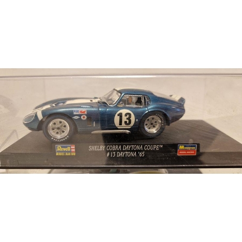 536 - Five cased Revell/Monogram model racing slot cars to include Shelby Cobra Daytona Coupe #13 Daytona ... 