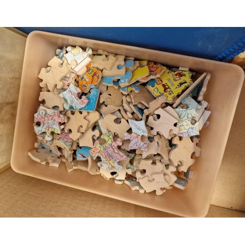 637 - One box of  children's toys to include diecast models, jigsaws, board games to include Dinky Toys no... 