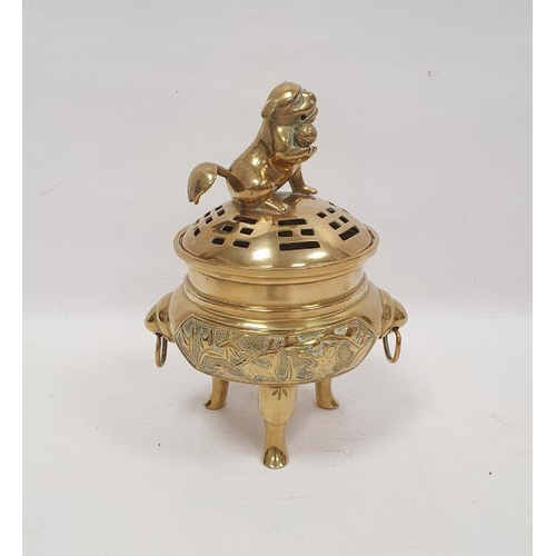 72 - 20th century Chinese gilt bronze footed censer and pierced cover, with four character mark to unders... 