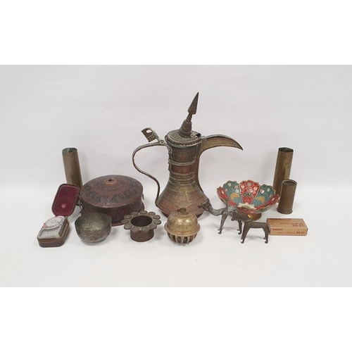 86 - Late 19th century Dallah coffee pot (damaged), assorted Middle Eastern metal pieces and three small ... 