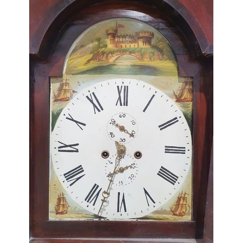 1014 - 19th century longcase clock, unmarked, the arched painted dial with sailing ships in the quarters an... 