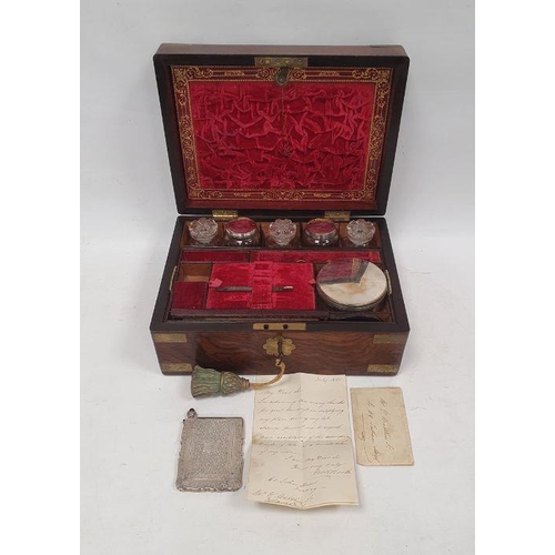 1022 - 19th century gentleman's rosewood dressing box, the fitted interior with assorted glass bottles, com... 