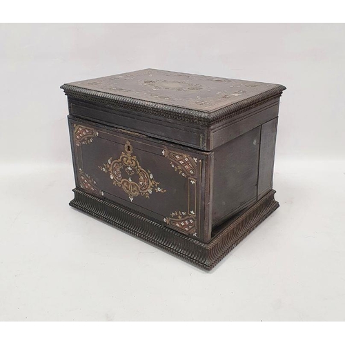 1023 - 19th century ebonised stationery cabinet, the brass and mother-of-pearl inlaid drop front reveals sw... 